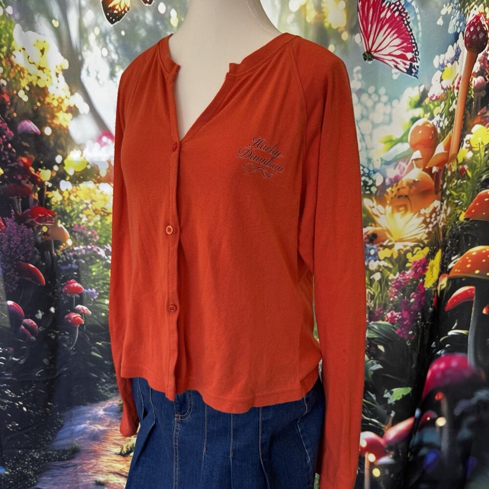 Harley Davidson Cardigan Sweater Womens L Orange Biker Grunge Y2K Myrtle Beach